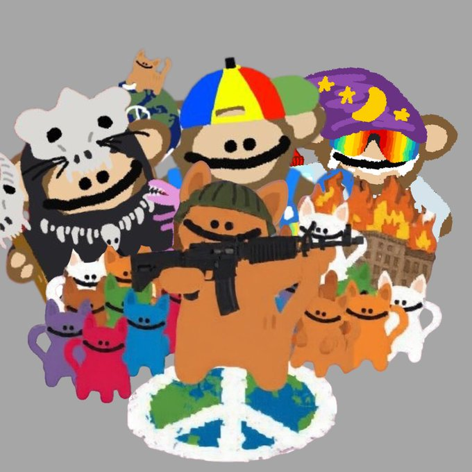 Gizmo with a colourful family of Bitcoin Puppets